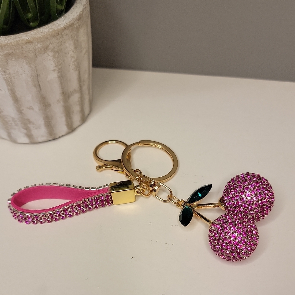 Pink Cherry Rhinestone Keychain Bag Charm - Picture 5 of 8